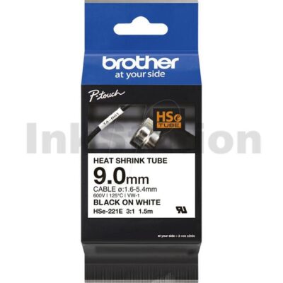 Brother HSe-221E Genuine 9mm Black Text on White Heat Shrink Tube Tape - 1.5 meters