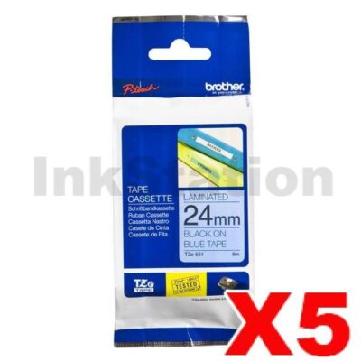 5 x Brother TZe-551 Genuine 24mm Black Text on Blue Laminated Tape - 8 meters