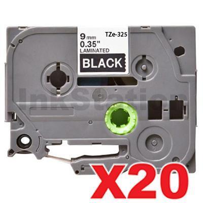 20 x Brother TZe-325 Compatible 9mm White Text on Black Laminated Tape - 8 meters