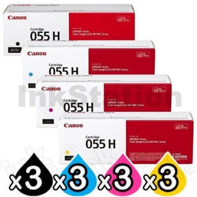 3 Sets of 4 Pack Canon CART-055H High Yield Genuine Toner Cartridge Combo [3BK, 3C, 3M, 3Y]