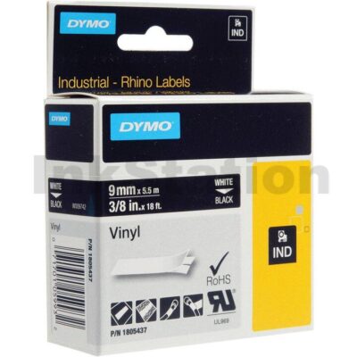 Dymo SD1805437 Genuine 9mm White Text on Black Vinyl Industrial Rhino Label Cassette - 5.5 meters