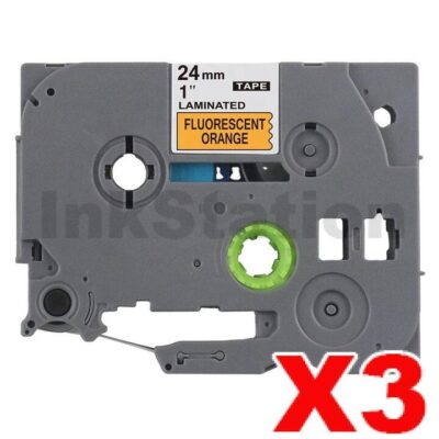 3 x Brother TZe-B51 Compatible 24mm Black Text on Orange Fluorescent Laminated Tape - 5 meters