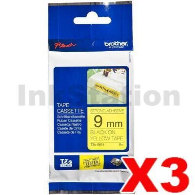 3 x Brother TZe-S621 Genuine 9mm Black Text on Yellow Strong Adhesive Laminated Tape - 8 metres