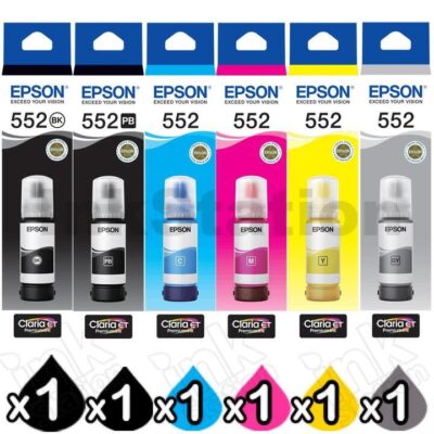 6-Pack Genuine Epson T552 Claria EcoTank Ink Bottle Combo [1BK,1PBK,1C,1M,1Y,1GY]
