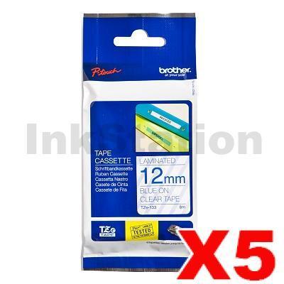 5 x Brother TZe-133 Genuine 12mm Blue Text on Clear Laminated Tape - 8 meters