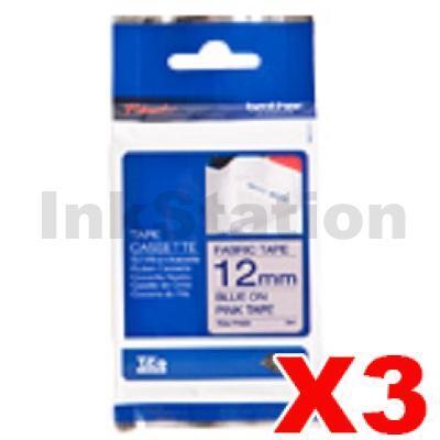 3 x Brother TZe-FAE3 Genuine 12mm Blue Text on Pink Fabric Tape - 3 meters