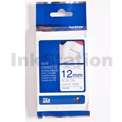 Brother TZe-FA3 Genuine 12mm Blue Text on White Fabric Tape - 3 meters