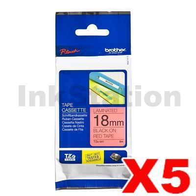 5 x Brother TZe-441 Genuine 18mm Black Text on Red Laminated Tape - 8 meters