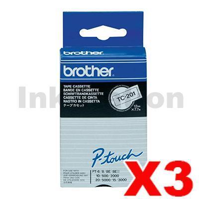 3 x Brother TC-201 Genuine 12mm Black Text on White Tape - 7.7 meters