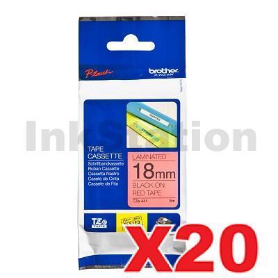 20 x Brother TZe-441 Genuine 18mm Black Text on Red Laminated Tape - 8 meters