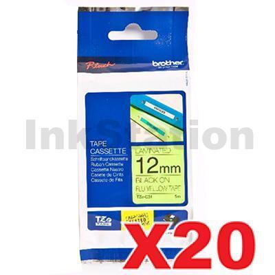20 x Brother TZe-C31 Genuine 12mm Black Text on Yellow Fluorescent Laminated Tape - 5 meters