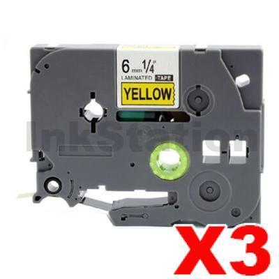 3 x Brother TZe-611 Compatible 6mm Black Text on Yellow Laminated Tape - 8 meters