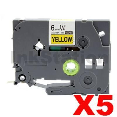 5 x Brother TZe-611 Compatible 6mm Black Text on Yellow Laminated Tape - 8 meters