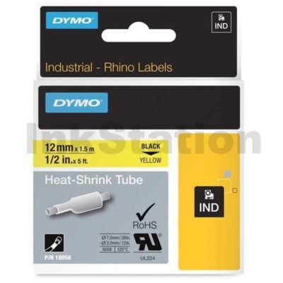 Dymo SD18056 Genuine 12mm Black Text on Yellow Heat-Shrink Tube Industrial Rhino Label Cassette - 1.5 meters