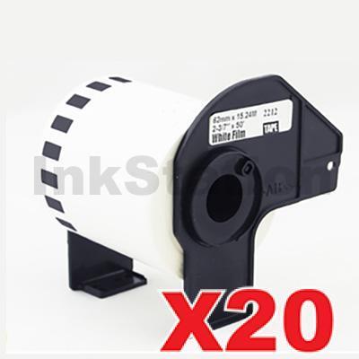 20 x Brother DK-22212 Compatible Black Text on White Continuous Film Label Roll 62mm x 15.24m