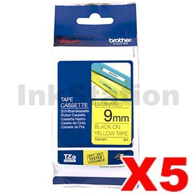 5 x Brother TZe-621 Genuine 9mm Black Text on Yellow Laminated Tape - 8 meters
