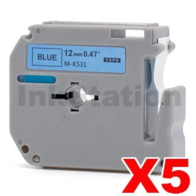 5 x Brother M-K531 Compatible 12mm Black Text on Blue Tape - 8 meters