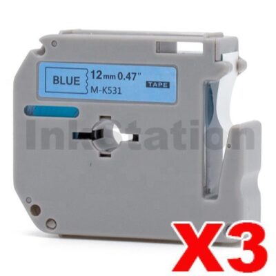 3 x Brother M-K531 Compatible 12mm Black Text on Blue Tape - 8 meters
