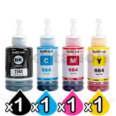 4-Pack Compatible Epson T774 + T664 EcoTank Ink Bottles [BK+C+M+Y]