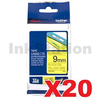 20 x Brother TZe-621 Genuine 9mm Black Text on Yellow Laminated Tape - 8 meters