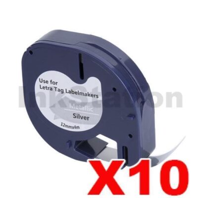 10 x Dymo SD91208 / 91338 Compatible 12mm x 4m Black On Silver LetraTag Metallic Tape