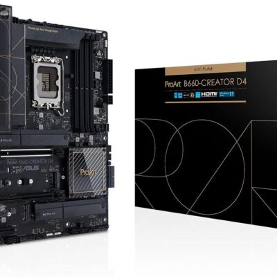 Asus PROART B660-CREATOR D4 Intel® B660 LGA 1700 ATX motherboard built for creators, with PCIe® 5.0, DDR4, 2.5 Gb and 1 Gb Ethernet, three PCIe 4.0 M.2 slots, plus USB-C DisplayPort™ and a USB 3.2 Gen 2x2 front-panel connector with Quick Charge 4+