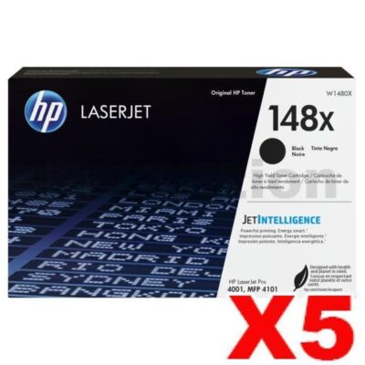 5 x HP 148X W1480X Genuine Black High Yield Toner Cartridge - 9,500 Pages