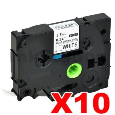 10 x Brother HSe-221 Compatible 8.8mm Black Text on White Heat Shrink Tube Tape - 1.5 meters
