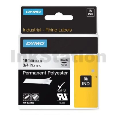 Dymo SD622290 Genuine 19mm Black Text on Clear Permanent Polyester Industrial Rhino Label Cassette - 5.5 meters