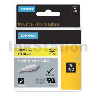 Dymo SD18052 Genuine 6mm Black Text on Yellow Heat-Shrink Tube Industrial Rhino Label Cassette - 1.5 meters