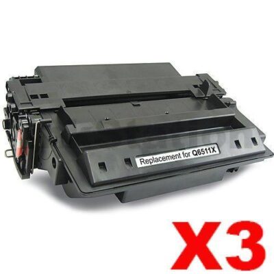 3 x HP Q6511X (11X) Compatible Black Toner Cartridge - 12,000 Pages (High Yield of HP Q6511A (11A))