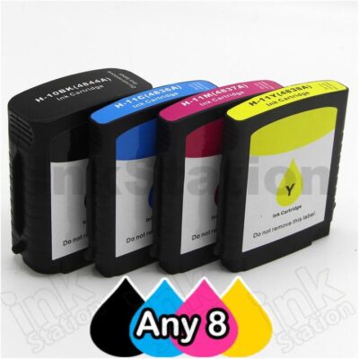 Any 8 x HP 10 + 11 Compatible Inkjet Cartridges C4844AA+C4836AA-C4838AA [BK,C,M,Y]