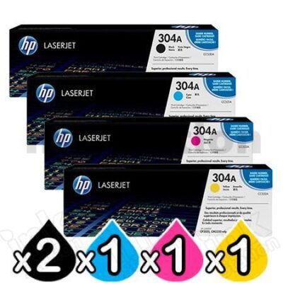5 Pack HP CC530A-CC533A (304A) Genuine Toner Cartridges [2BK,1C,1M,1Y]