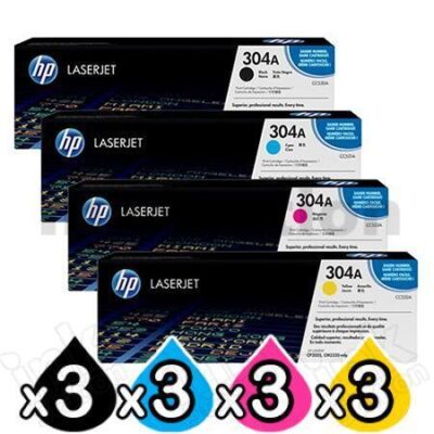 3 sets of 4 Pack HP CC530A-CC533A (304A) Genuine Toner Cartridges [3BK,3C,3M,3Y]