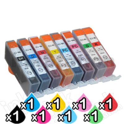 8-Pack Canon CLI-8BK/C/M/Y/PC/PM/G/R  Compatible Inkjet (with Chip) [1PBK,1C,1M,1Y,1PC,1PM,1G,1R]