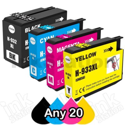 Any 20 x HP 932XL + 933XL Compatible High Yield Inkjet Cartridges CN053AA - CN056AA [BK,C,M,Y]