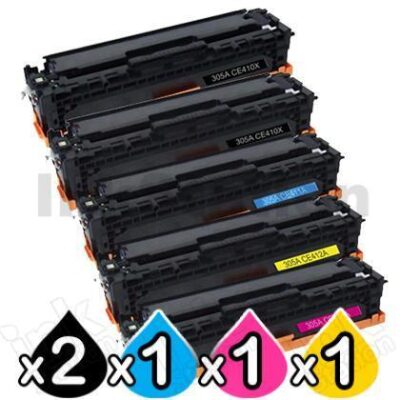5 Pack HP CE410X-CE413A (305X/305A) Compatible Toner Cartridges [2BK,1C,1M,1Y]