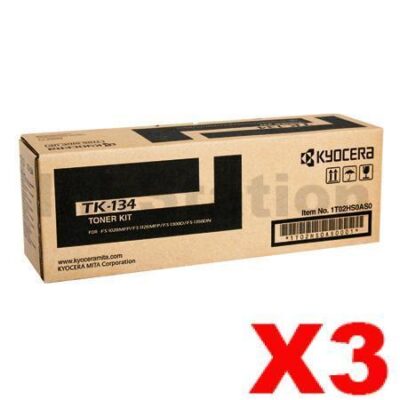 3 x Genuine Kyocera TK-134 Black Toner Cartridge FS-1028MFP, FS-1128MFP, FS-1300D, FS-1300DN, FS-1300DTN, FS-1350DN - 7,200 pages