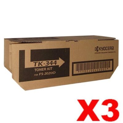 3 x Genuine Kyocera TK-344 Black Toner Cartridge FS-2020D - 12,000 pages