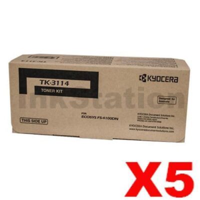 5 x Genuine Kyocera TK-3114 Black Toner Kit FS-4100DN - 15,500 pages