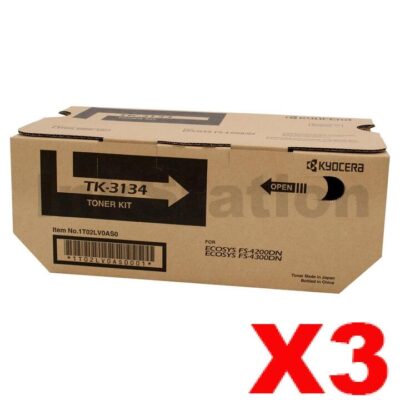 3 x Genuine Kyocera TK-3134 Black Toner Kit FS-4200DN, FS-4300DN - 25,000 pages