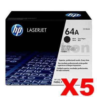 5 x HP CC364A (64A) Genuine Black Toner Cartridge - 10,000 Pages