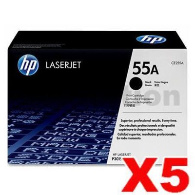 5 x HP CE255A (55A) Genuine Black Toner Cartridge - 6,000 Pages
