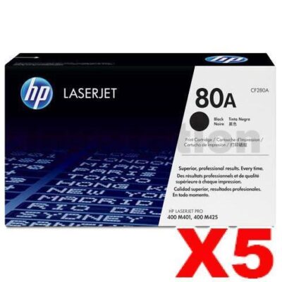 5 x HP CF280A (80A) Genuine Black Toner Cartridge - 2,700 Pages
