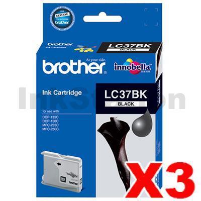 3 x Genuine Brother LC-37BK Black Ink Cartridge - 350 pages each