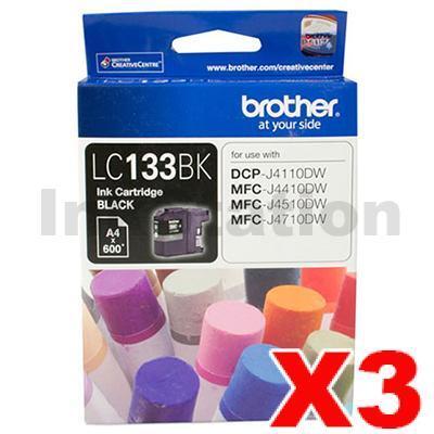 3 x Genuine Brother LC-133BK Black Ink Cartridge - 600 Pages each
