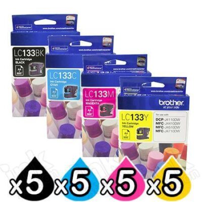 20 Pack Genuine Brother LC-133 Ink Cartridges [5BK+5C+5M+5Y]