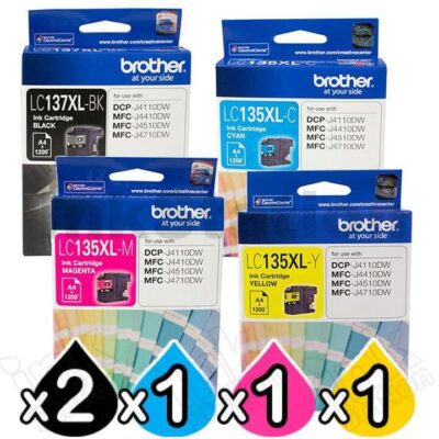 5 Pack Genuine Brother LC-137XL/LC-135XL High Yield Ink Combo [2BK+1C+1M+1Y]