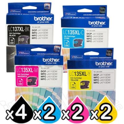 10 Pack Genuine Brother LC-137XL/LC-135XL High Yield Ink Combo [4BK+2C+2M+2Y]