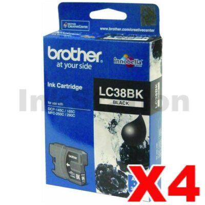 4 x Genuine Brother LC-38BK Black Inkjets - 300 pages